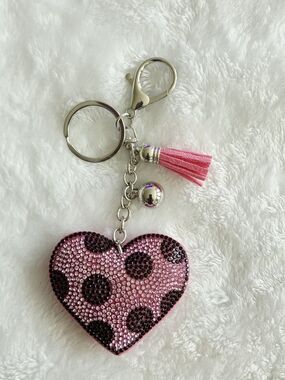 Pink Polka Dot Heart Keychain with Tassel Bling Bag Charm